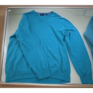 Alan‎ Flusser XL Sweater Men's V-Neck Cashmere Cotton Blend Teal Blue Tailored